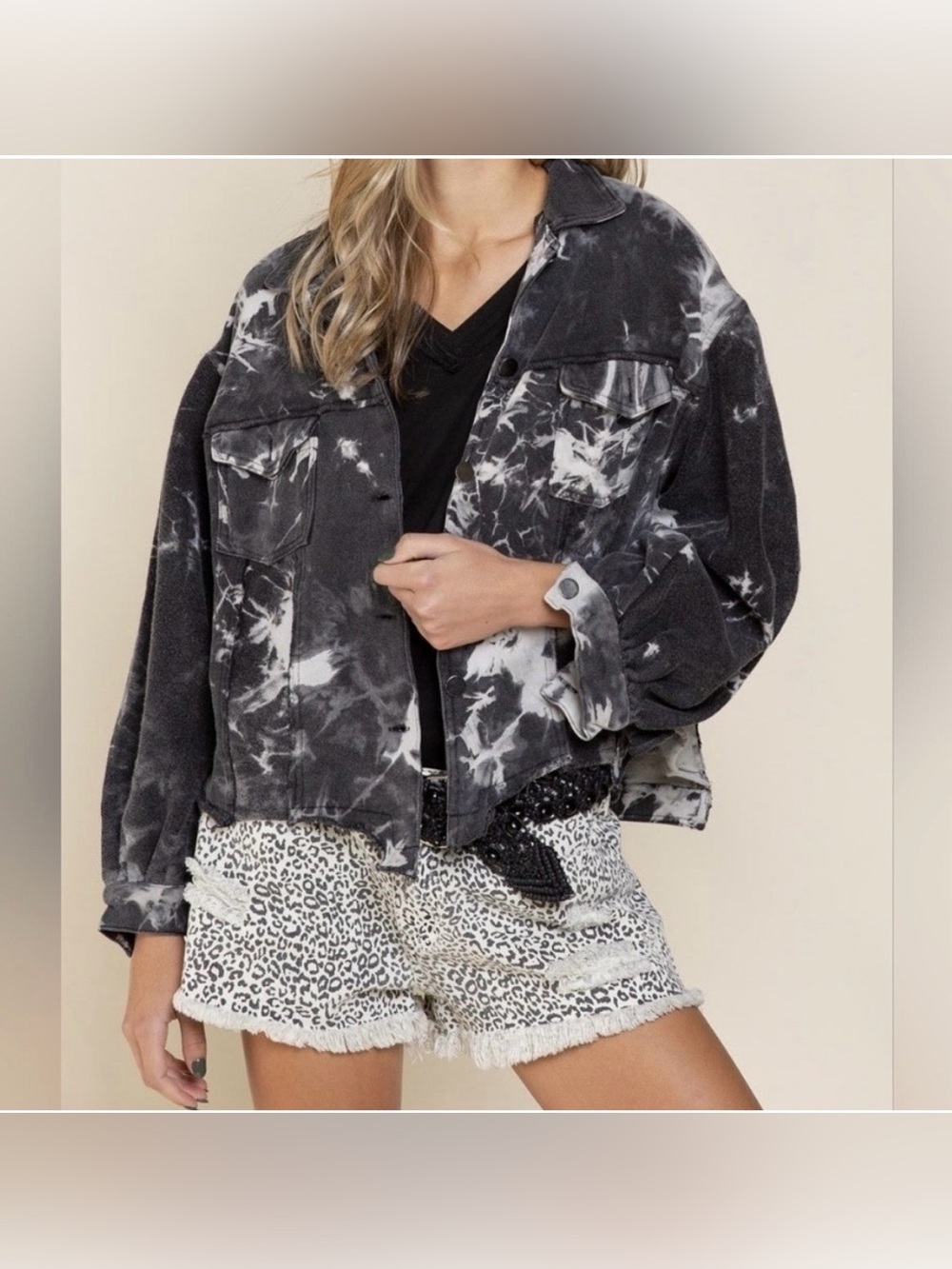 POL Black & White Tie-Dye Oversized Button up Jacket Size M